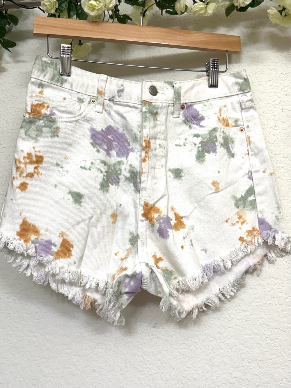 wild fable • White Tie-Dye Frayed Denim Shorts with Green, Purple & Orange
